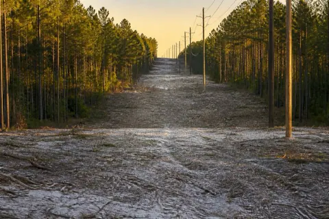 Long mulched utility easement cresting a sandhill rise with power poles marching between pine walls